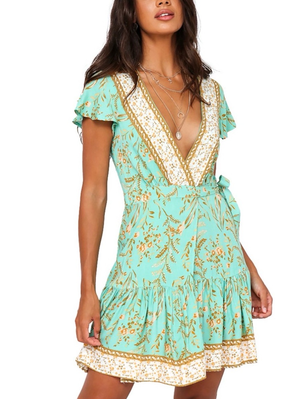 Zesica Bohemian Mint Green Floral V-Neck Ruffle Wrap Mini Dress - M
